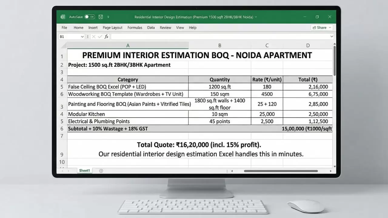 Premium interior estimation BOQ Excel sheet for 2BHK 3BHK apartment showing false ceiling, woodwork, painting, kitchen, electrical and total quote ₹16.2 lakh