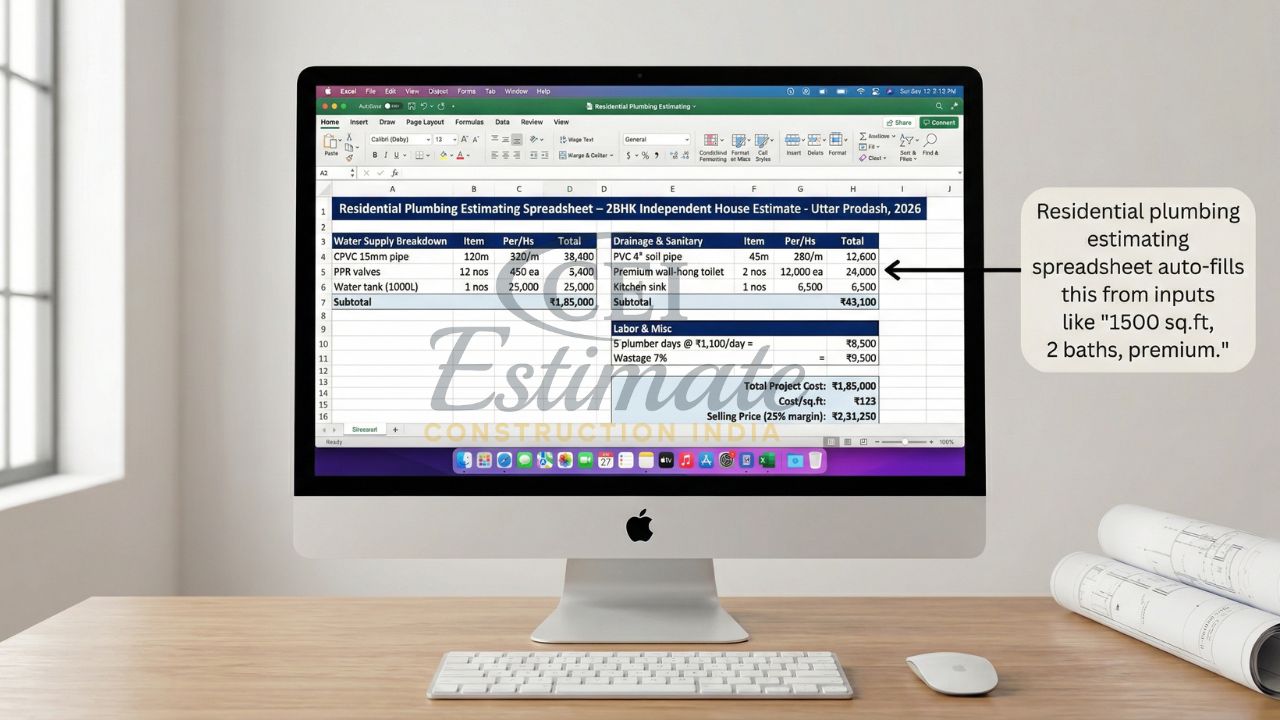 Residential plumbing estimating spreadsheet for 2BHK house showing water supply, drainage cost breakdown, labor charges, and total project estimate in Excel