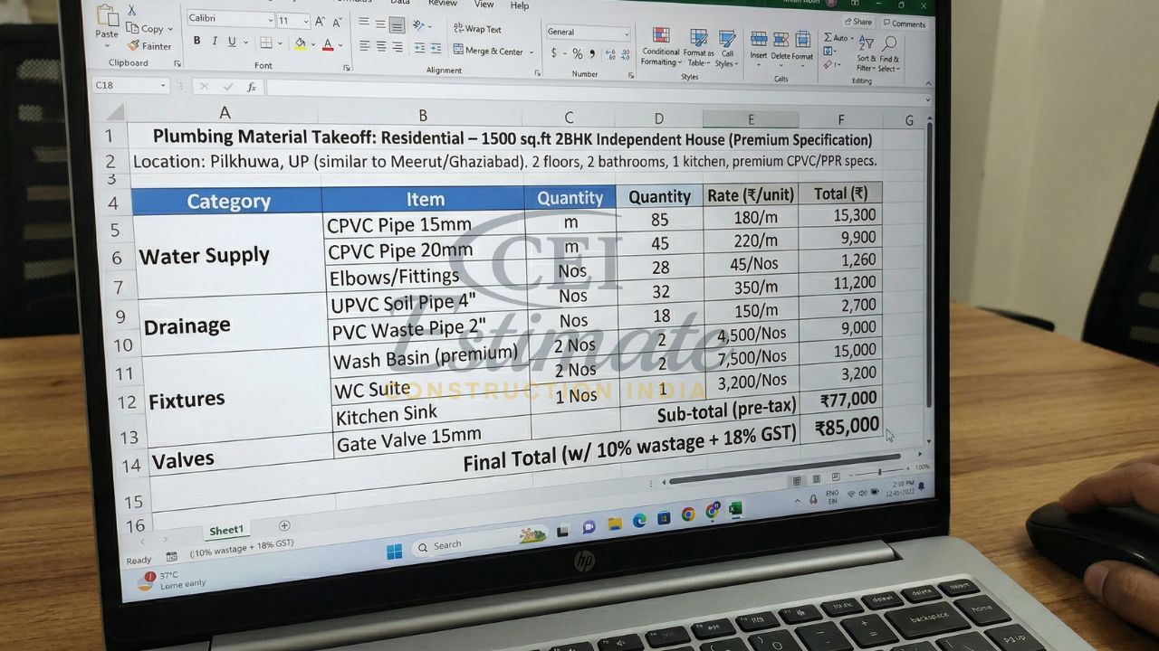 plumbing boq 1500 sq ft 2bhk house india cpvc pipe cost drainage fittings estimation excel