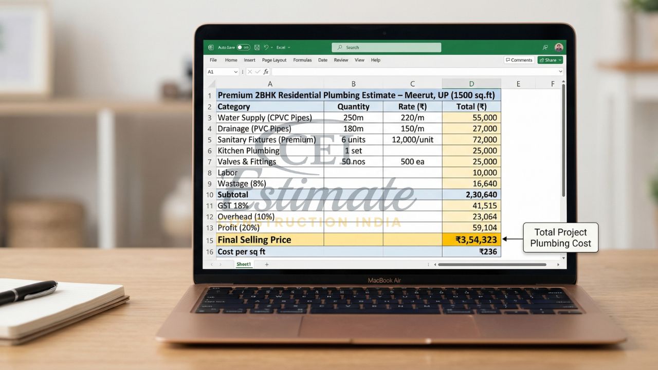 Premium 2BHK residential plumbing estimate spreadsheet showing CPVC pipes, drainage, fixtures, labor cost, GST, and final selling price per square foot