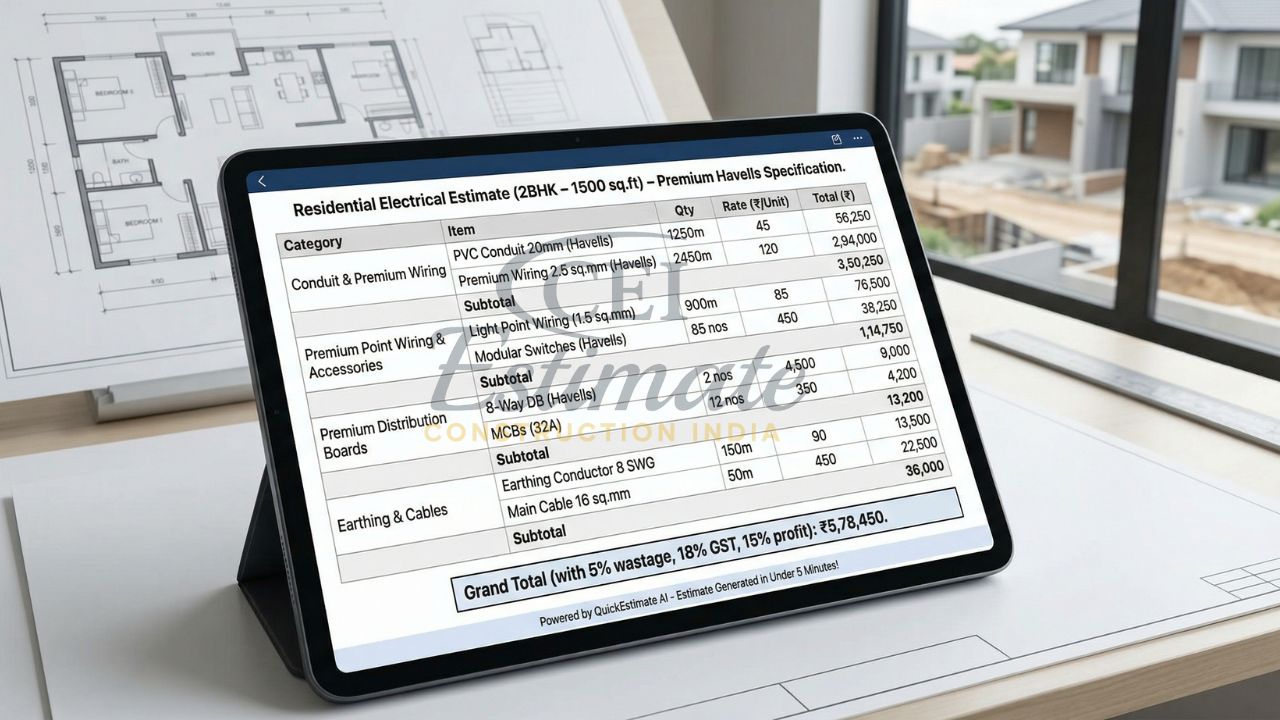 Residential electrical estimate 2BHK 1500 sq ft with premium wiring, modular switches, distribution board, and total cost