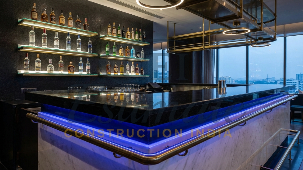 Luxury bar counter interior design with LED lights and glass bottle display