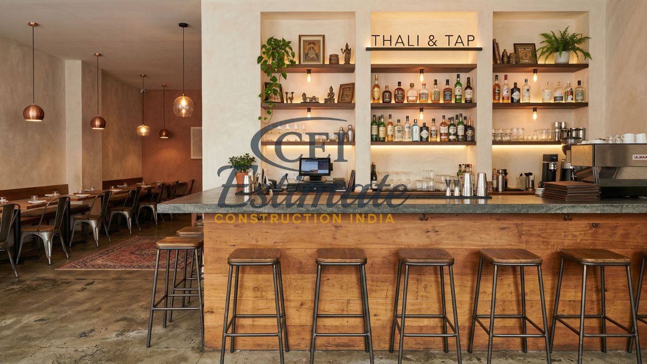 Modern restaurant bar interior design India with wooden counter, open shelving, pendant lighting, and minimal seating