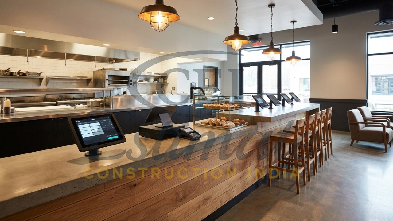 Modern cafe interior with service counter, lighting, and customer seating area