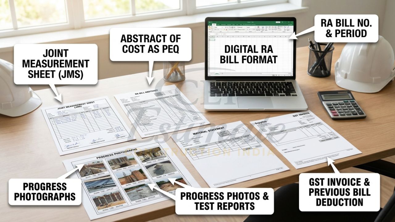 Contractor preparing RA Bill with measurement sheets, abstract, and supporting documents