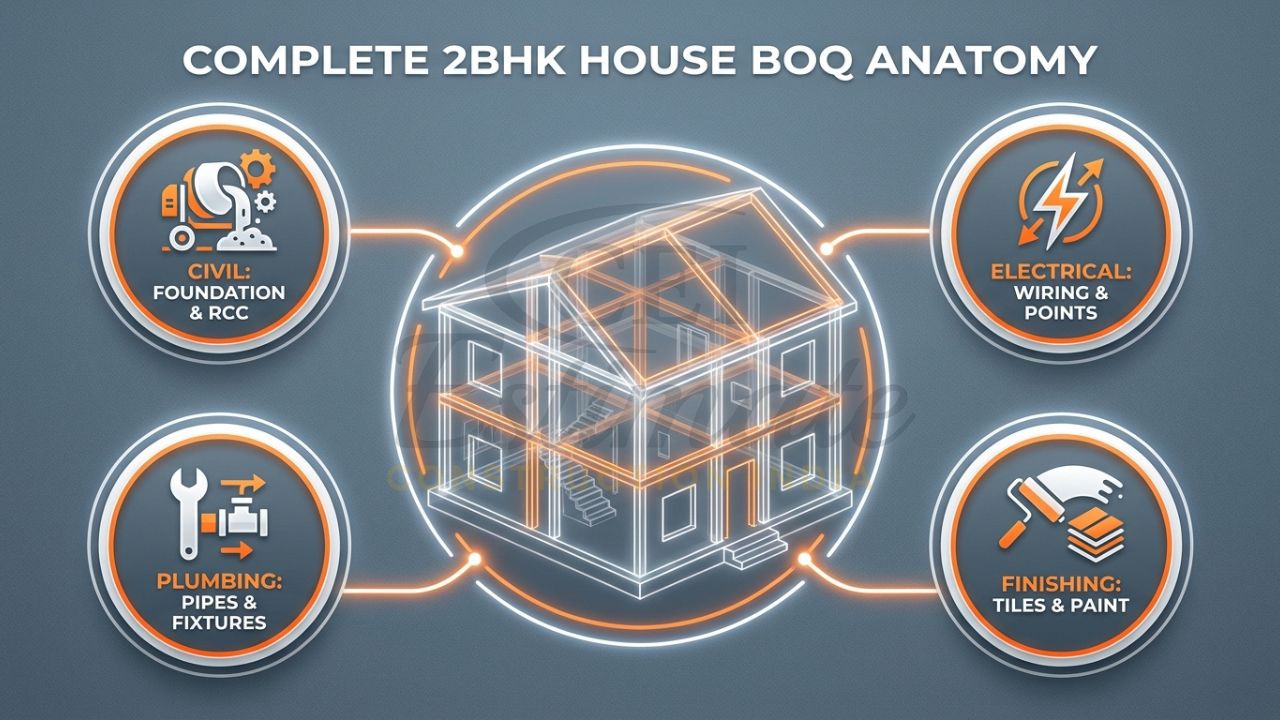 n infographic showing the breakdown of a house construction BOQ into Civil work, Electrical, Plumbing, and Finishing works with sample icons.