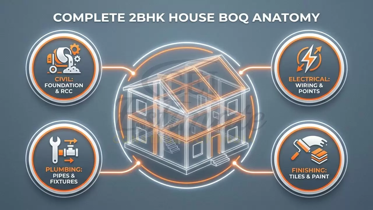 n infographic showing the breakdown of a house construction BOQ into Civil work, Electrical, Plumbing, and Finishing works with sample icons.