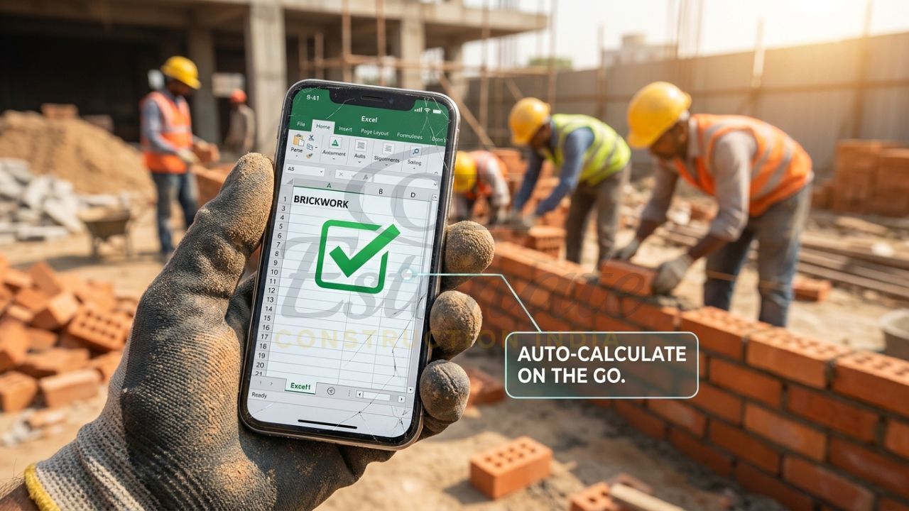A close-up of a contractor's hand using a smartphone on a construction site in Meerut to input quantities into a residential BOQ Excel template.