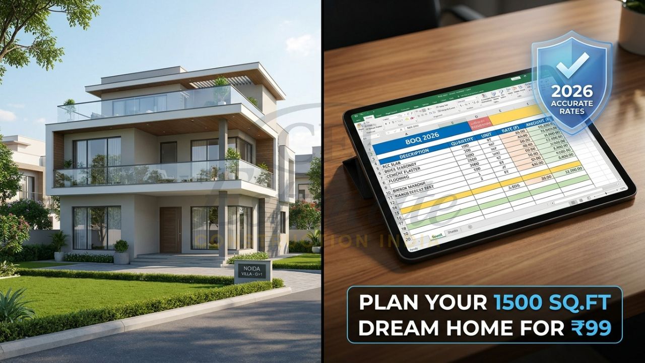 A photorealistic 3D render of a modern 2BHK duplex house in Noida next to an automated Excel BOQ sheet showing calculated costs for a 1500 sq.ft project.
