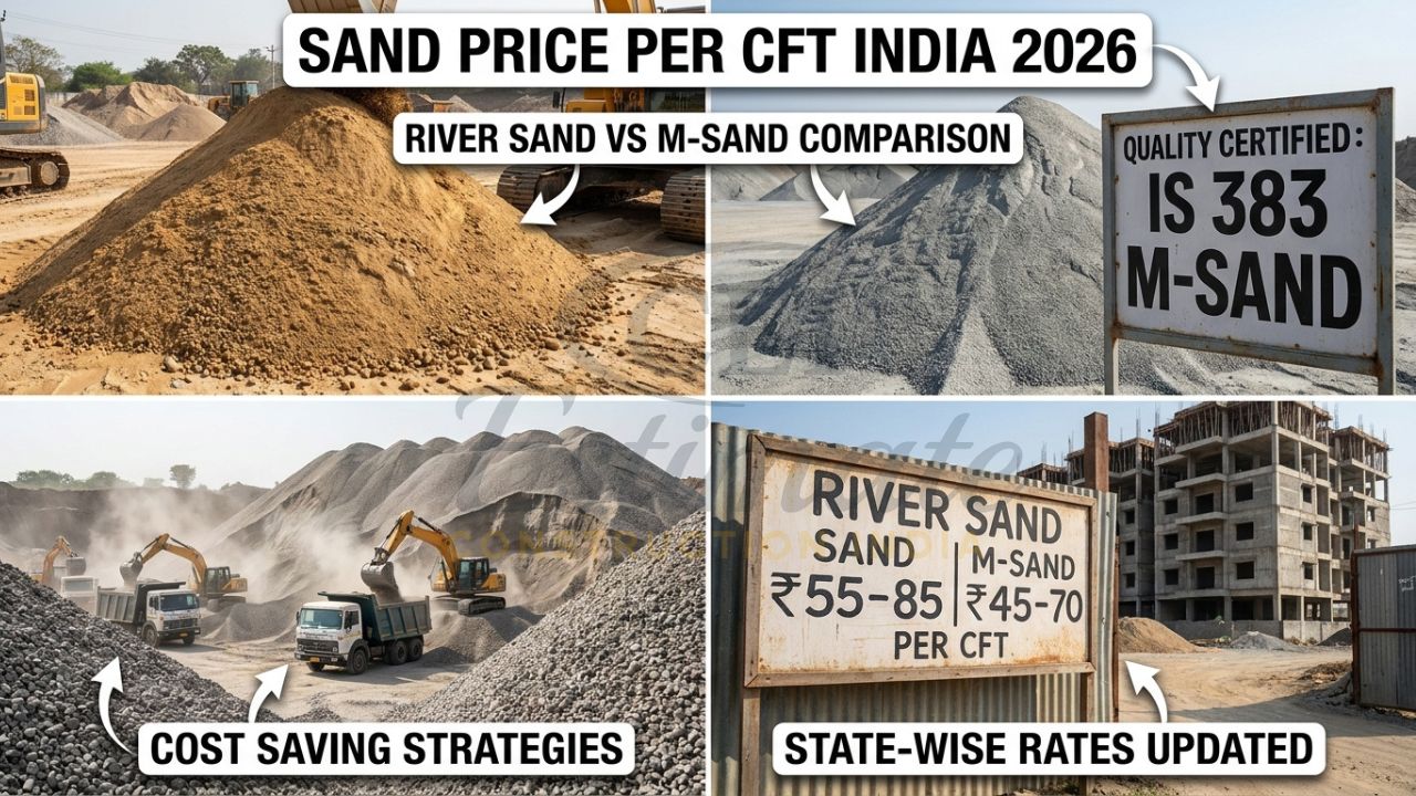 Different types of construction sand – River Sand, M-Sand and Crushed Sand with price tags in India 2026