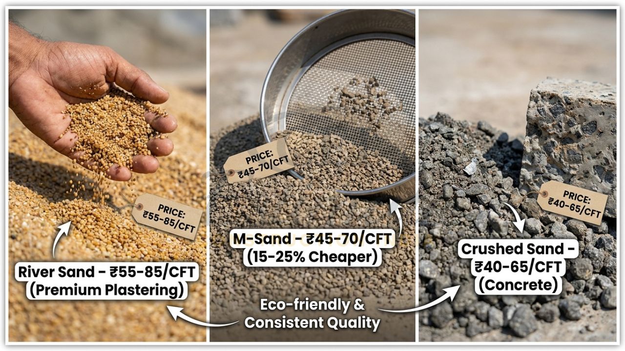 Close-up comparison of River Sand, M-Sand and Crushed Sand for construction