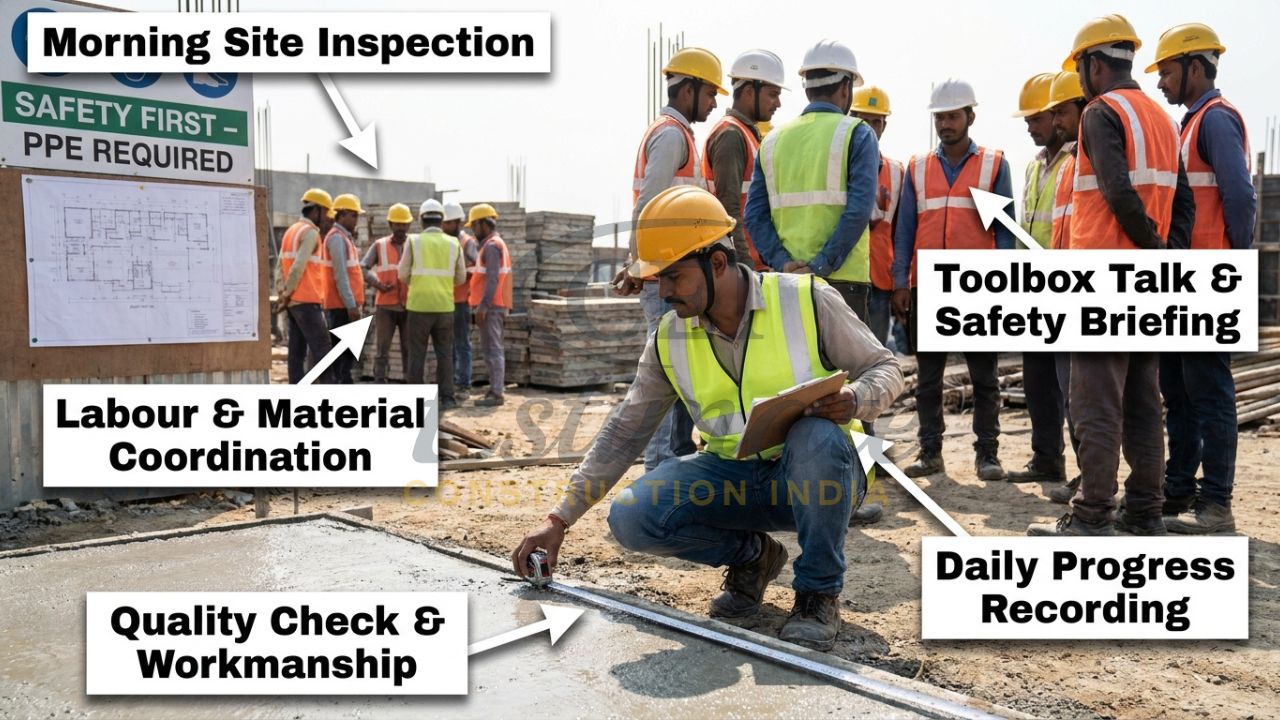 Site Engineer conducting inspection, toolbox talk and quality check on Indian construction site