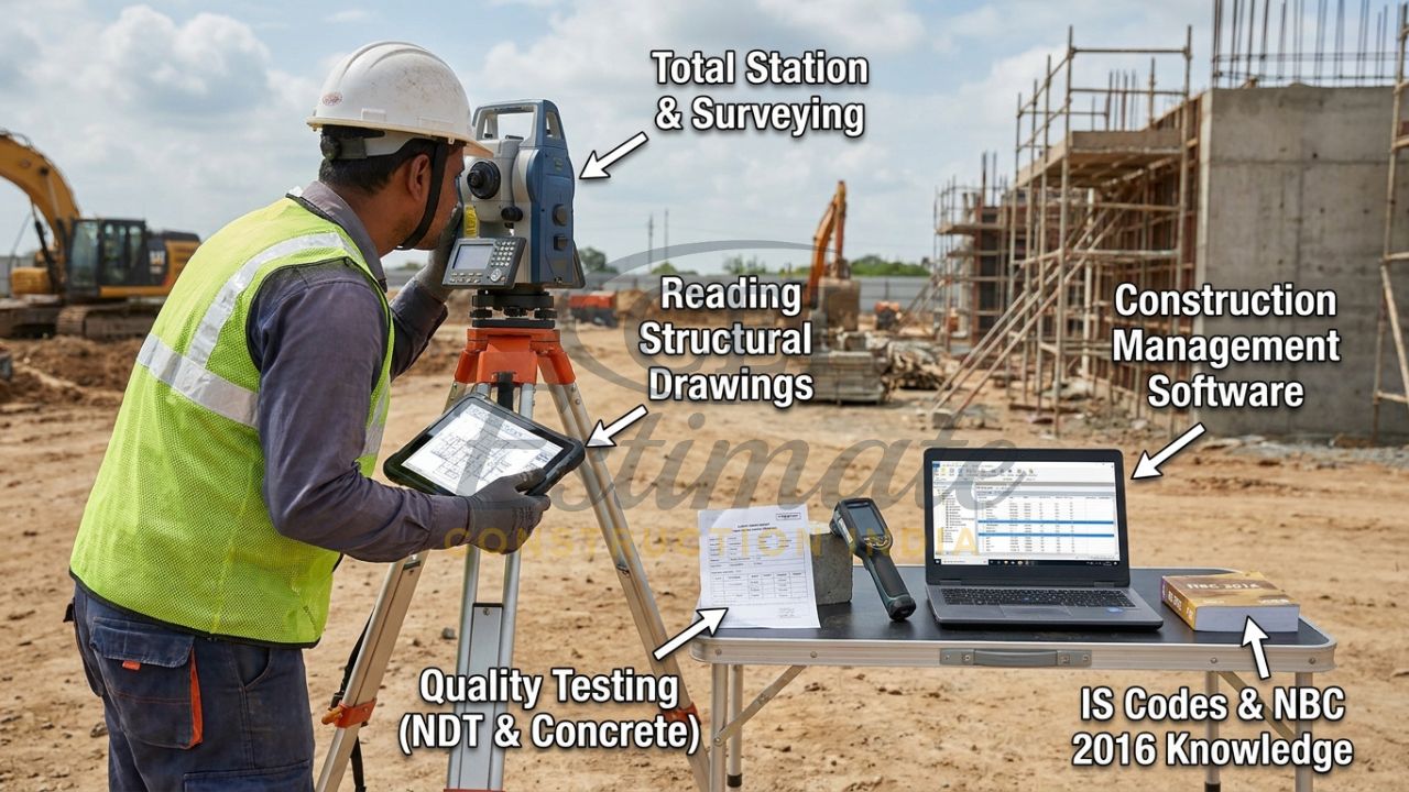 Site Engineer using Total Station, AutoCAD drawings and construction management tools
