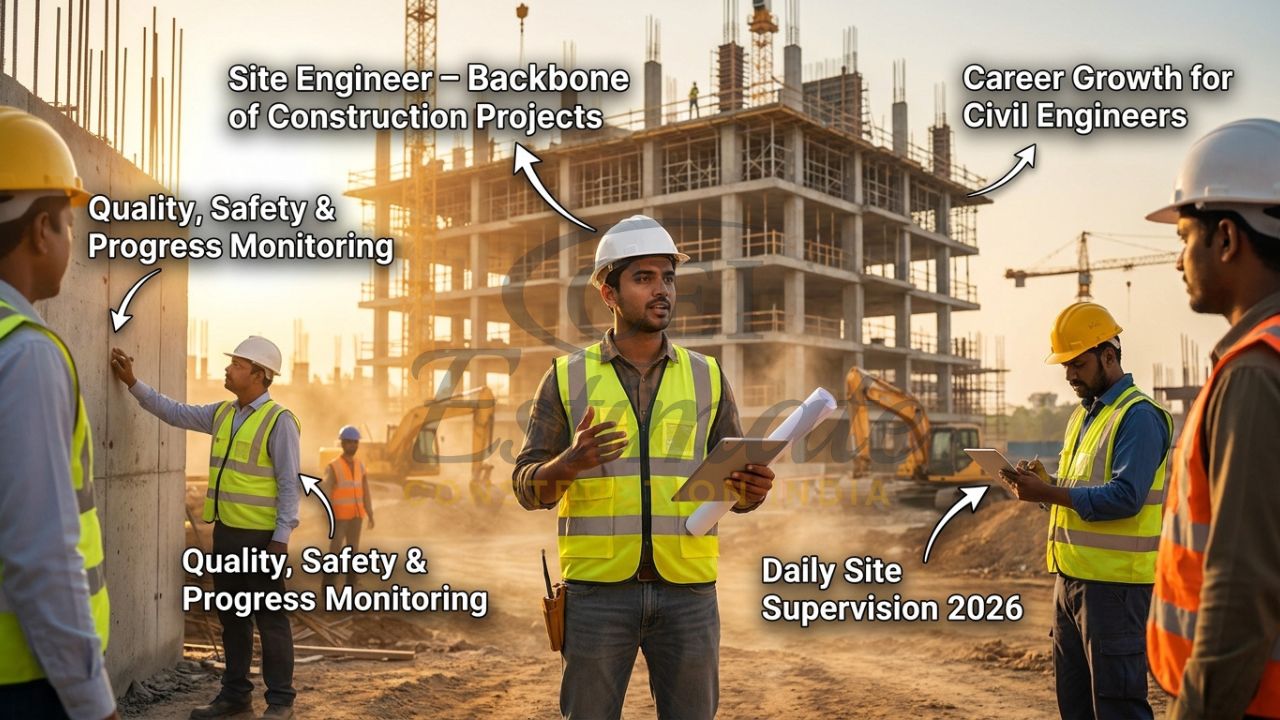 Civil Site Engineer supervising construction project in India 2026 with team and drawings