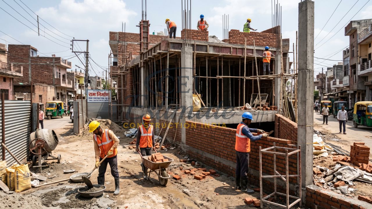 Small construction site in Meerut with workers building brick structure using scaffolding and concrete mixing equipment