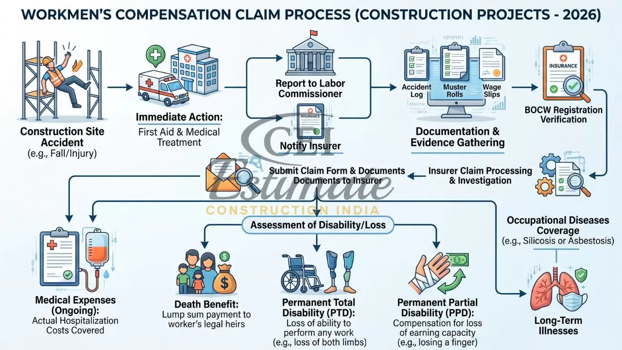 Workmen compensation claim process for construction projects showing accident reporting documentation insurance claim and compensation benefits