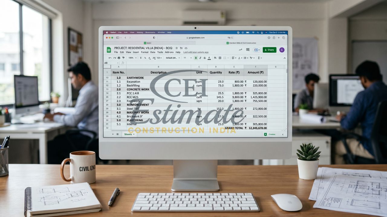 standard civil construction BOQ template India villa project cost estimate earthwork RCC masonry
