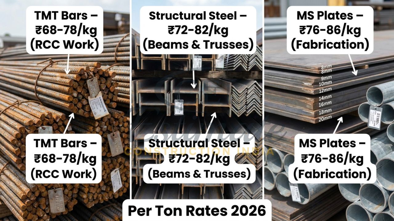 TMT bars, beams, angles and MS plates with current market rates in India