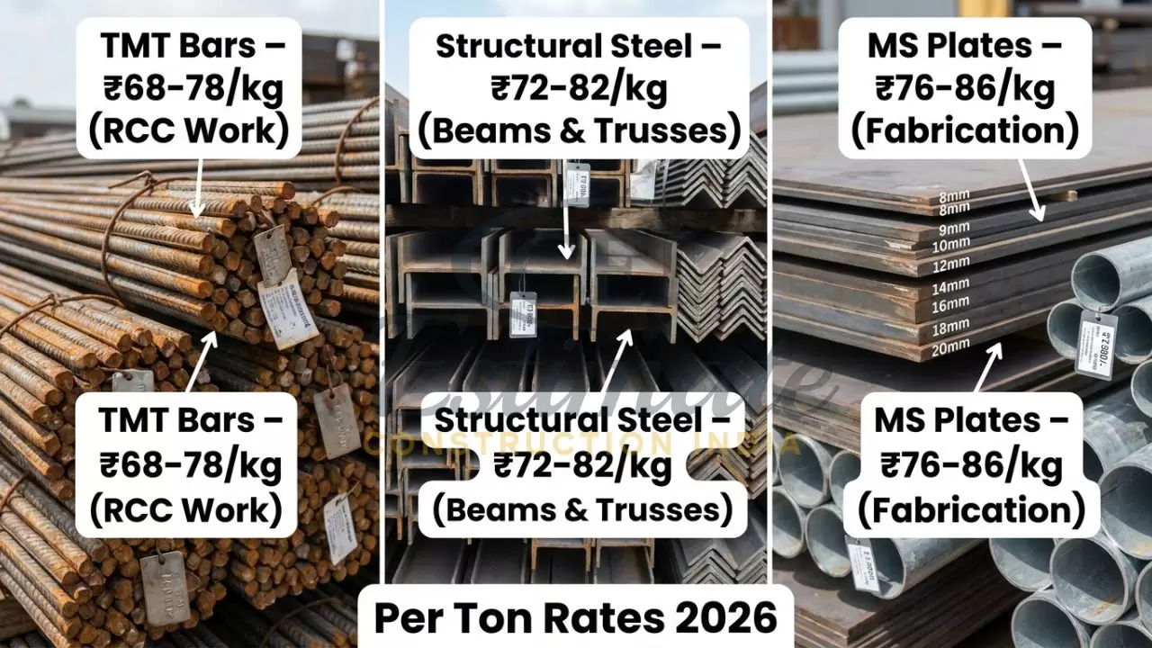 TMT bars, beams, angles and MS plates with current market rates in India