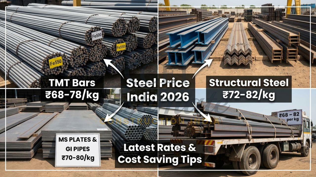 TMT steel bars, structural steel and current price boards at construction material yard in India 2026