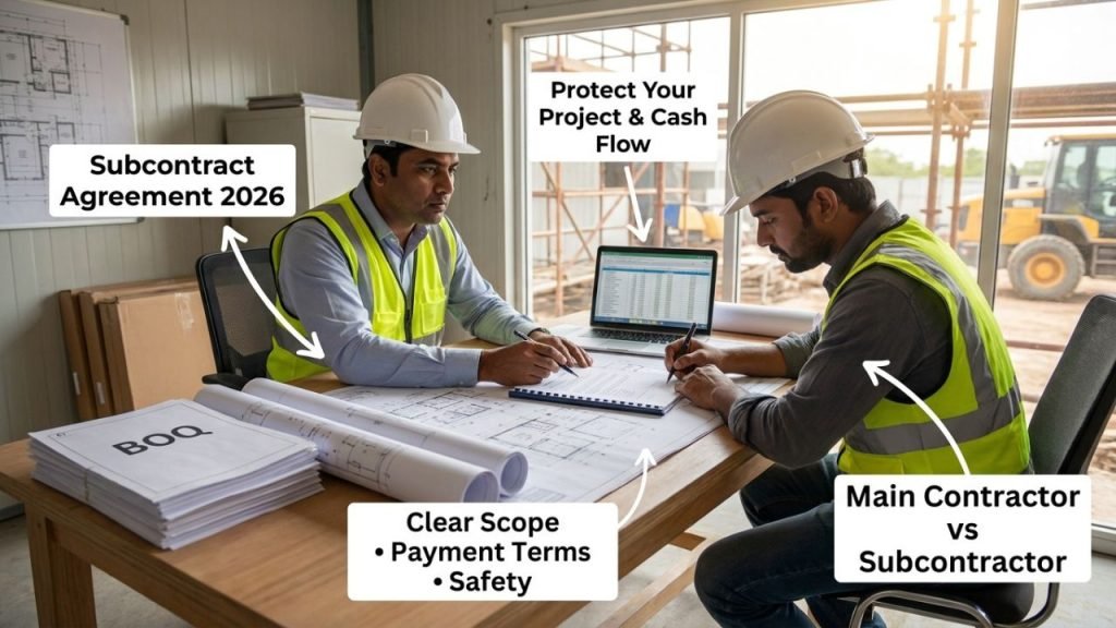 Main contractor and subcontractor signing subcontract agreement with documents and drawings in India