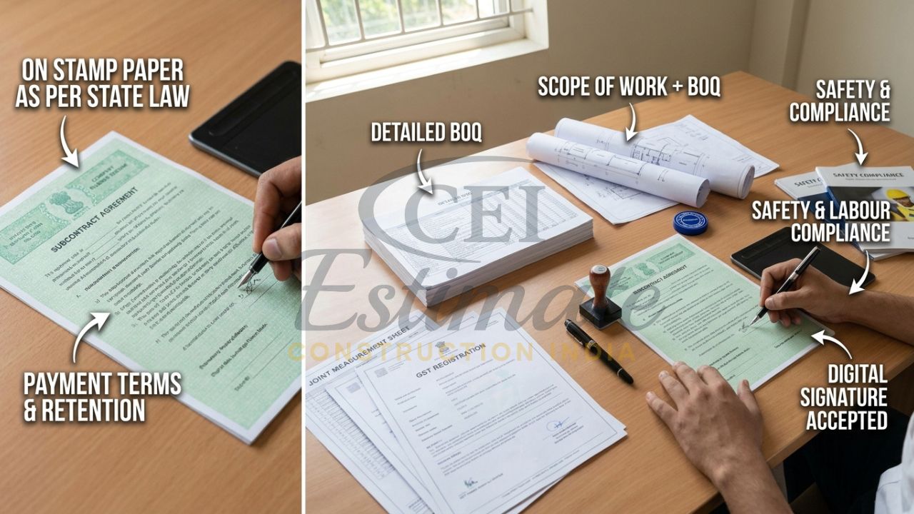 Contractor signing subcontract agreement with legal documents and BOQ on table