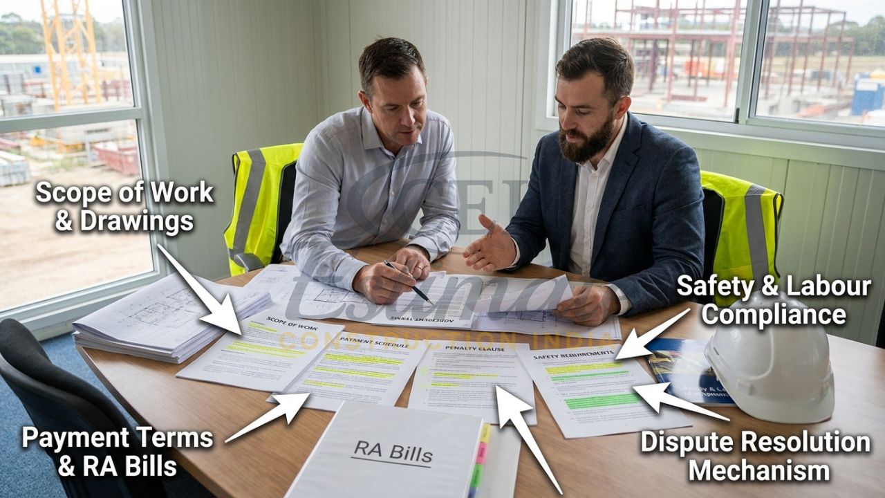 Main contractor and subcontractor discussing key clauses of subcontract agreement