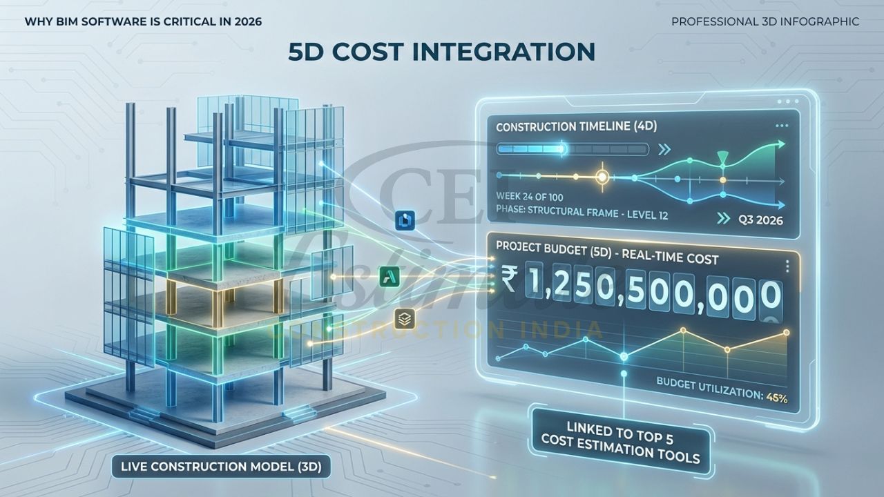 4D and 5D BIM simulation showing time scheduling and cost integration for an Indian construction project.