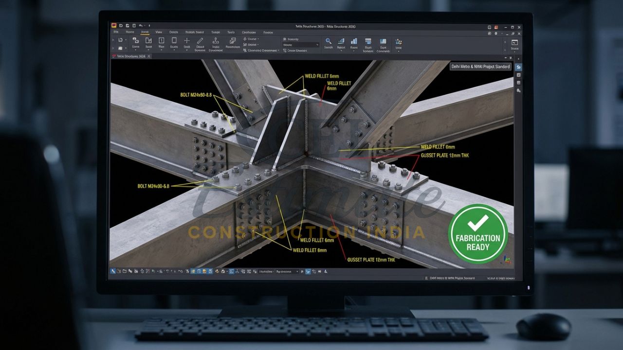 Structural steel detailing in Tekla Structures 2026 for an Indian bridge project.