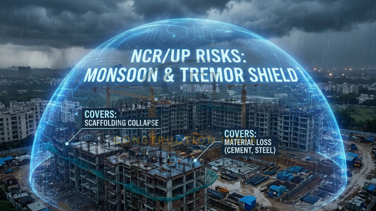 A photorealistic high-angle view of a construction site in Noida, North India, enveloped by a translucent blue dome shield labeled "TOP 10 INSURANCE PROTECTION."