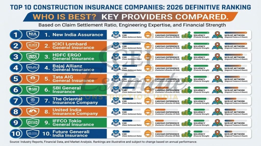 An infographic comparing the top 10 construction insurance companies in India for 2026 based on claim settlement and engineering expertise.