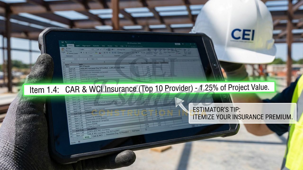 A close-up of a construction estimator’s hand holding a tablet on-site, showing a Bill of Quantities spreadsheet with a highlighted insurance line item.
