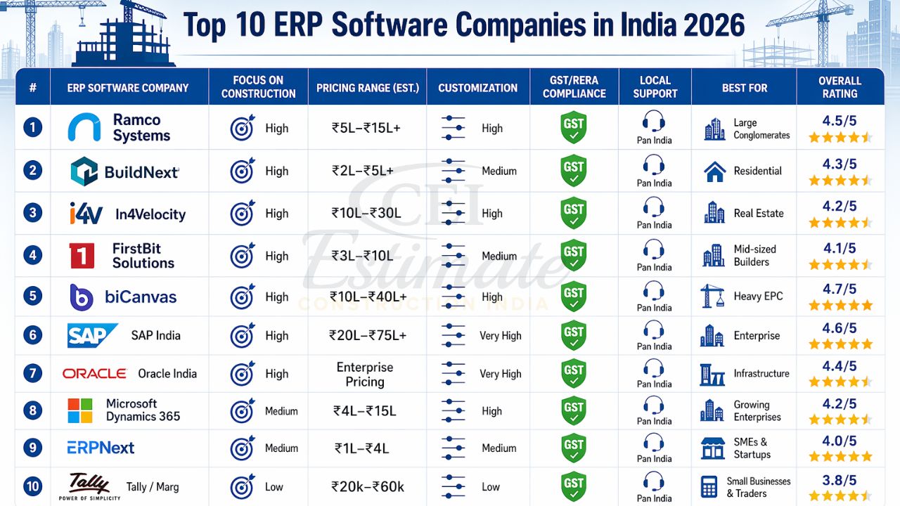 top 10 ERP software companies India 2026 comparison Ramco BuildNext In4Suite biCanvas SAP Oracle Microsoft Dynamics ERPNext Tally
