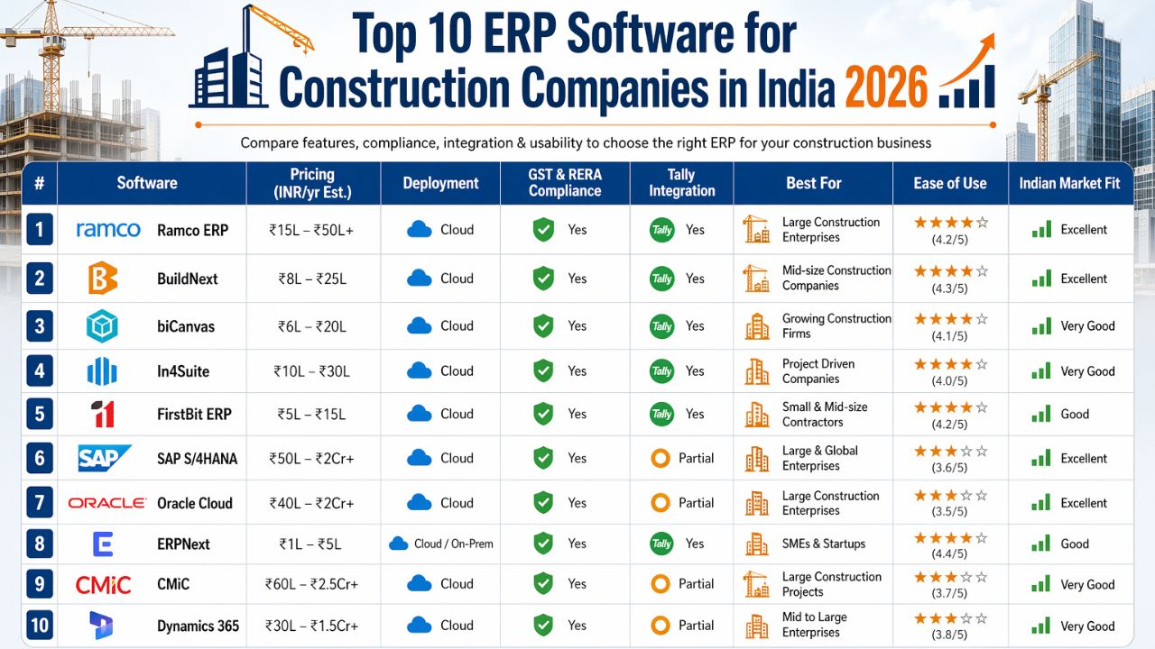 top construction ERP software India 2026 comparison including Ramco BuildNext ERPNext SAP Oracle and Dynamics 365 with pricing and features