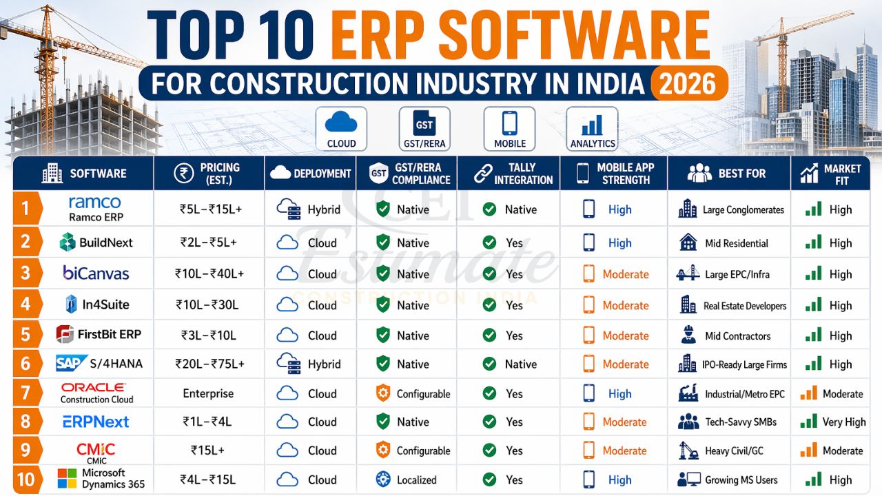 top 10 construction ERP software India 2026 comparison Ramco BuildNext biCanvas In4Suite ERPNext CMiC SAP Oracle Microsoft Dynamics