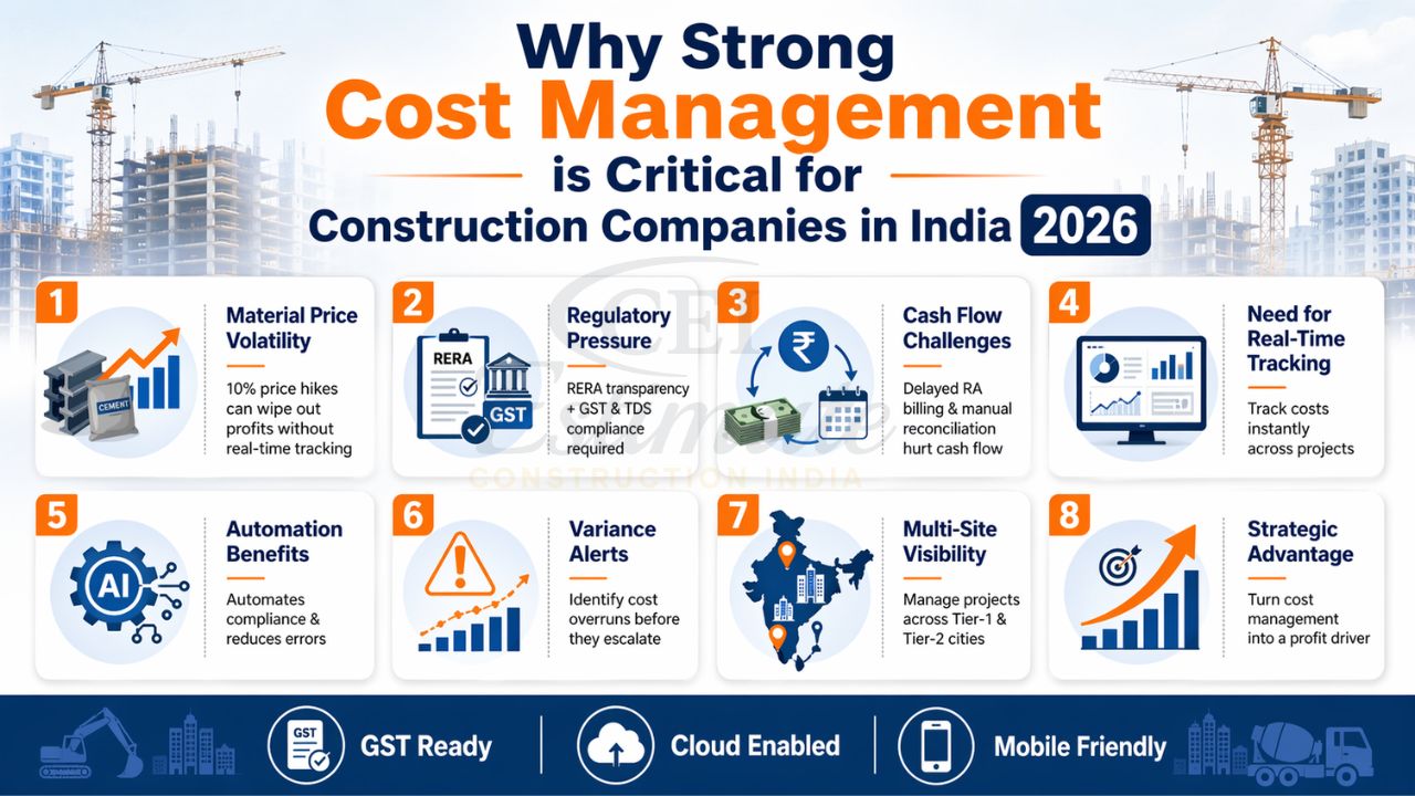 importance of cost management in construction India including material price volatility cash flow issues GST compliance and project tracking