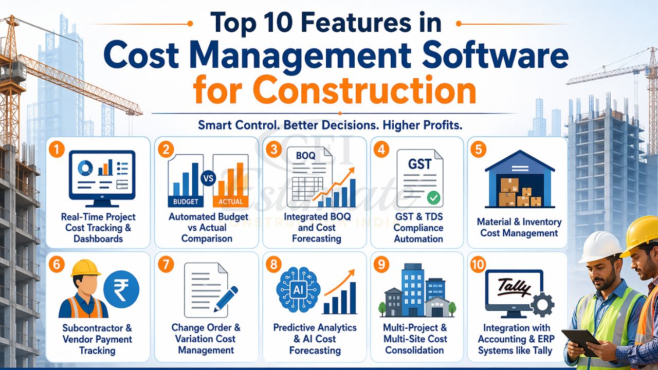 top features of construction cost management software including BOQ budgeting cost tracking GST compliance inventory management and analytics