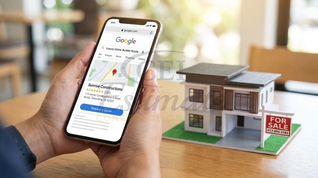 Google local search results showing construction company ranking #1 with 5 star reviews.