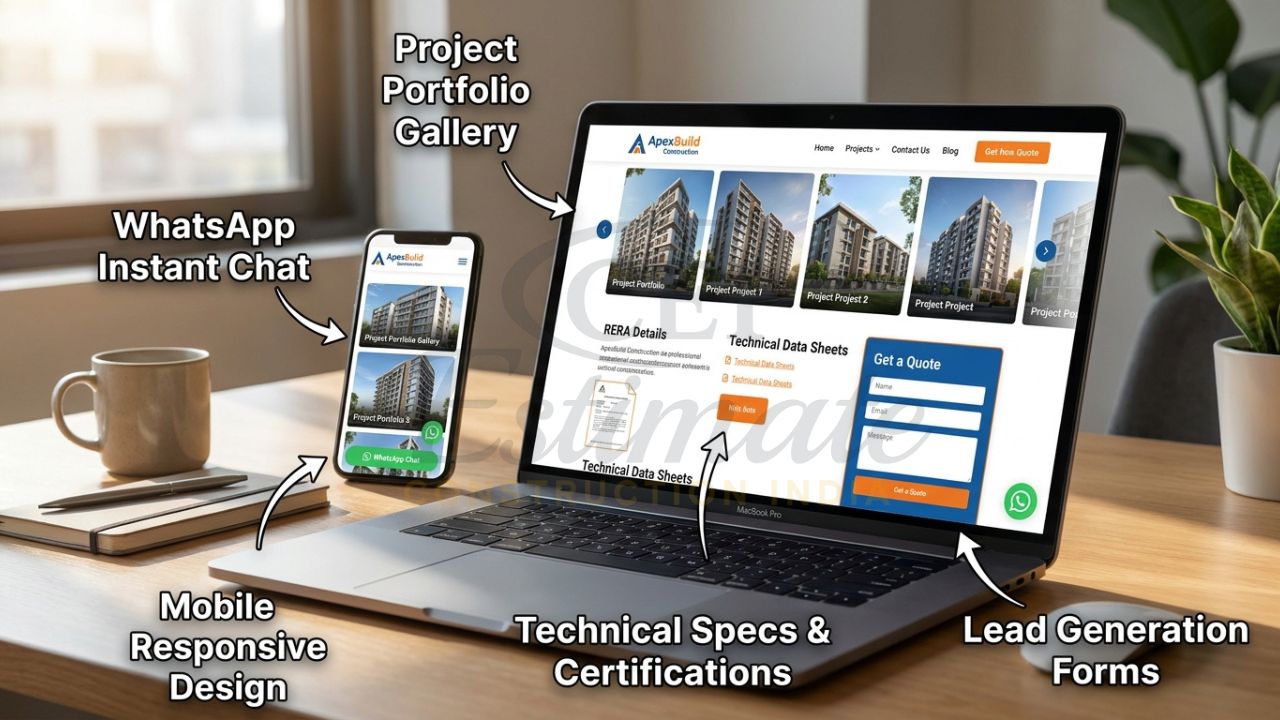 Modern construction company website on devices showcasing portfolio and lead forms
