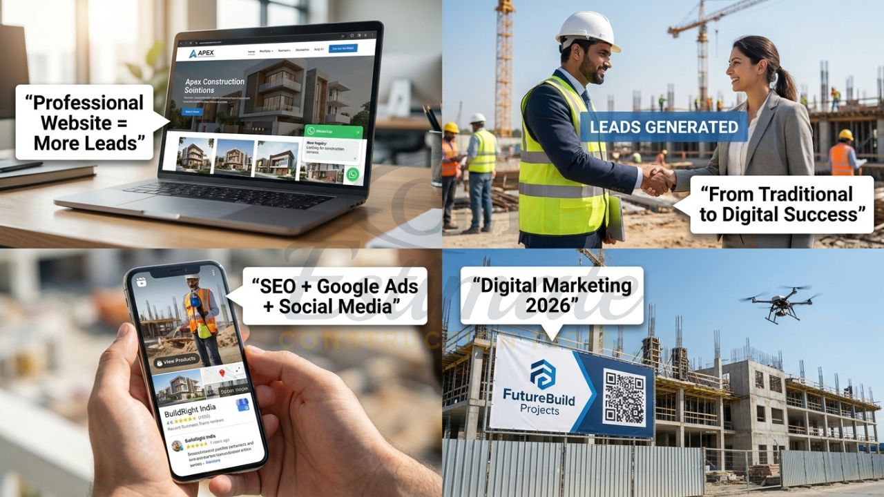 Modern digital marketing strategies for construction companies in India with website, leads and growth visuals 2026