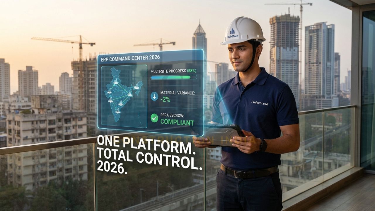 A professional Indian construction developer in a safety vest holding a tablet, with a holographic "ERP Dashboard" showing multi-site labor tracking, material stock, and RERA compliance status across India.