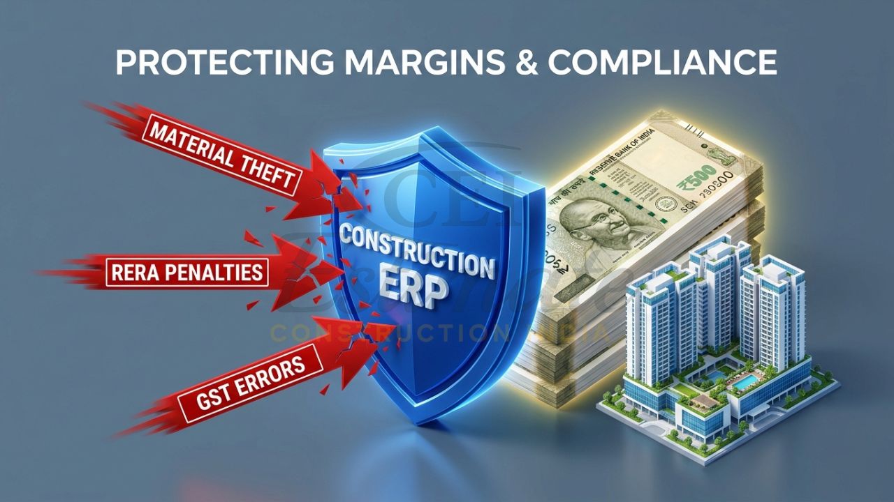 A 3D digital shield representing "Construction ERP" protecting a stack of Indian currency from risks like "RERA Penalties," "Material Waste," and "GST Errors."