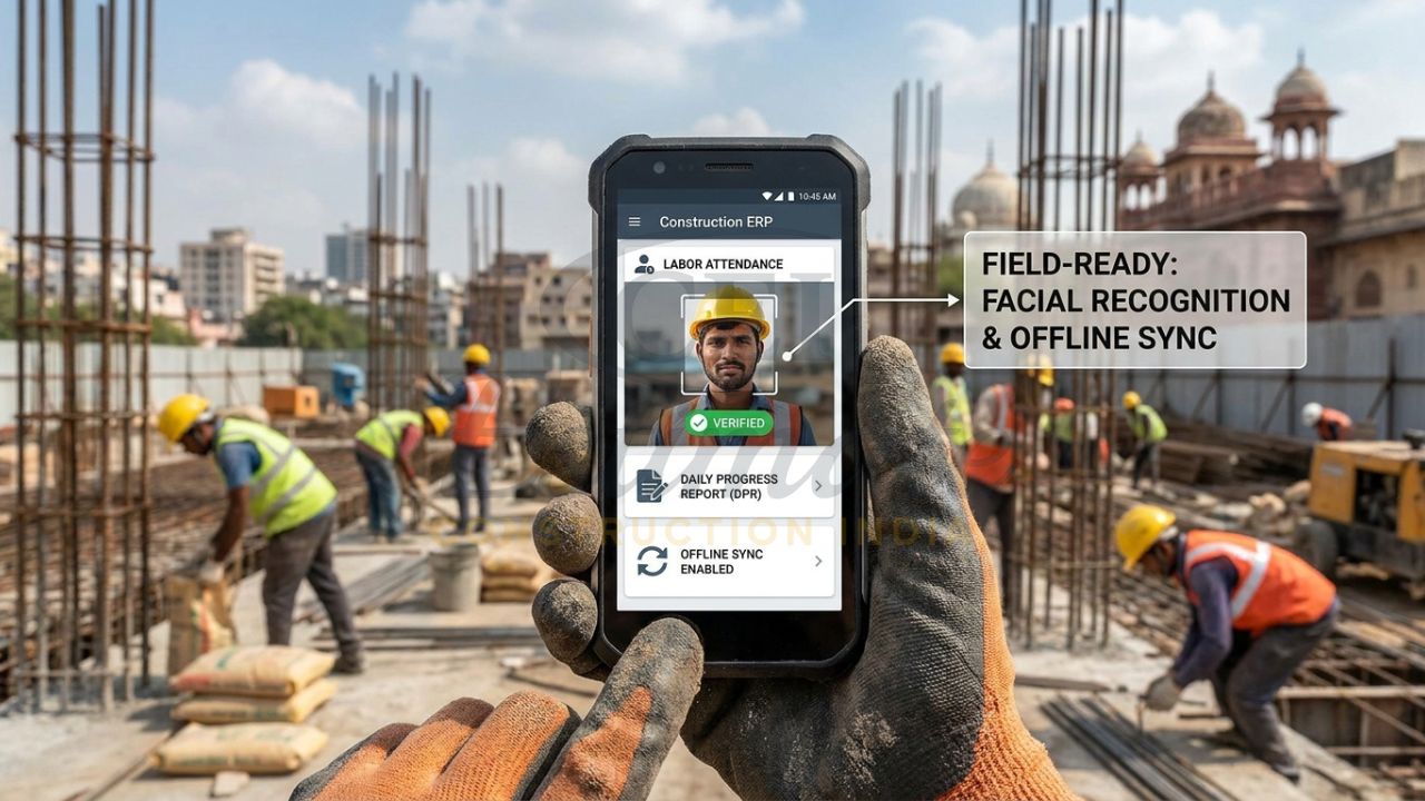 A site engineer in a tier-2 Indian city using a mobile ERP app to mark labor attendance via facial recognition and update daily progress reports (DPR).