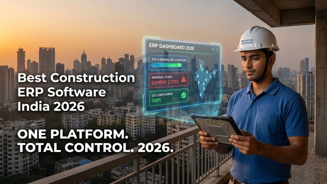 A professional Indian contractor in a safety vest holding a tablet, with a holographic ERP Dashboard showing real-time site data, labor attendance, and material stock across multiple Indian cities.
