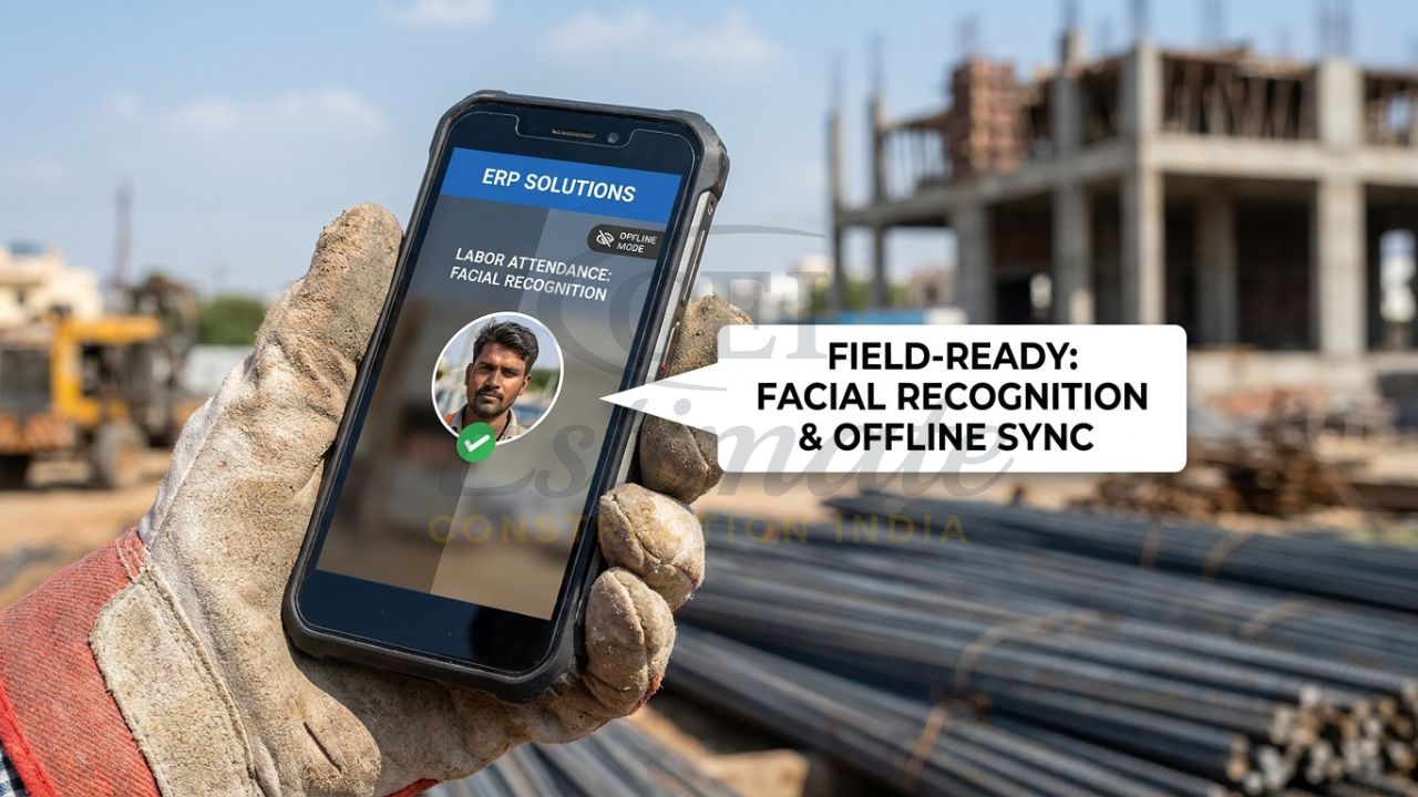 A site engineer in a tier-2 Indian city using a mobile ERP app to mark labor attendance via facial recognition and update daily progress reports (DPR).