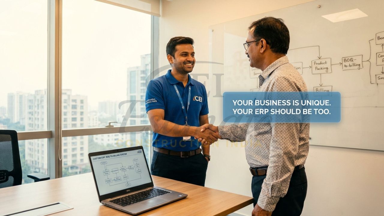 A professional technical consultant from Construction Estimator India shaking hands with a builder, with a customized ERP workflow diagram on the wall behind them.