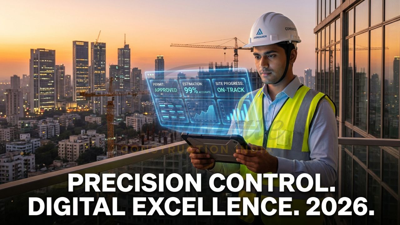 A professional Indian civil contractor in a safety vest using a mobile construction app at a high-rise site, with a holographic dashboard showing permit status, ERP data, and real-time cost estimation.