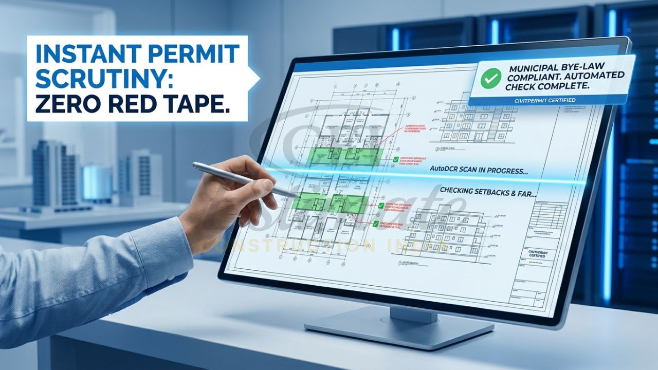 A close-up of a laptop screen where an AutoDCR algorithm is automatically highlighting setbacks and FAR violations on a 2D CAD drawing, showing compliance with Indian municipal bye-laws.