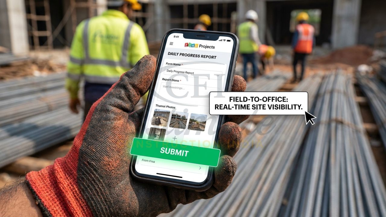 A site supervisor in a tier-2 Indian city using a mobile app to mark daily progress and upload site photos, instantly syncing data with the head office.
