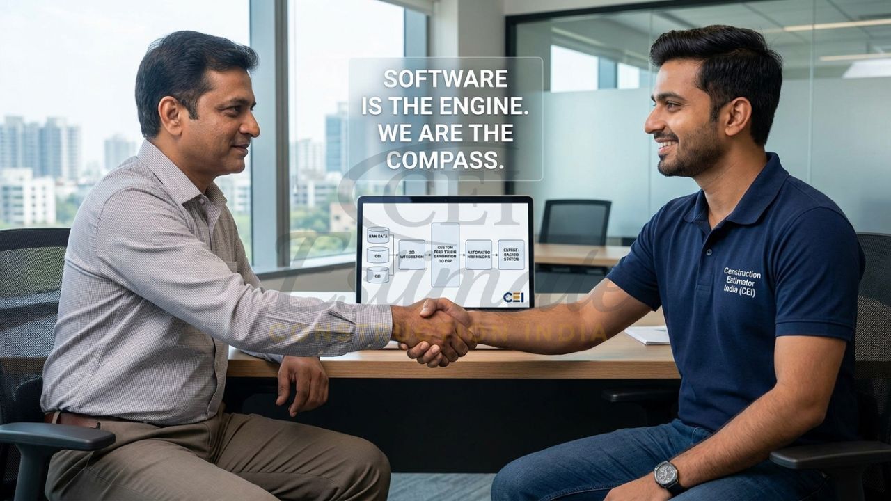A professional technical consultant from Construction Estimator India shaking hands with a builder, with a finalized tech-stack workflow diagram on a monitor behind them.